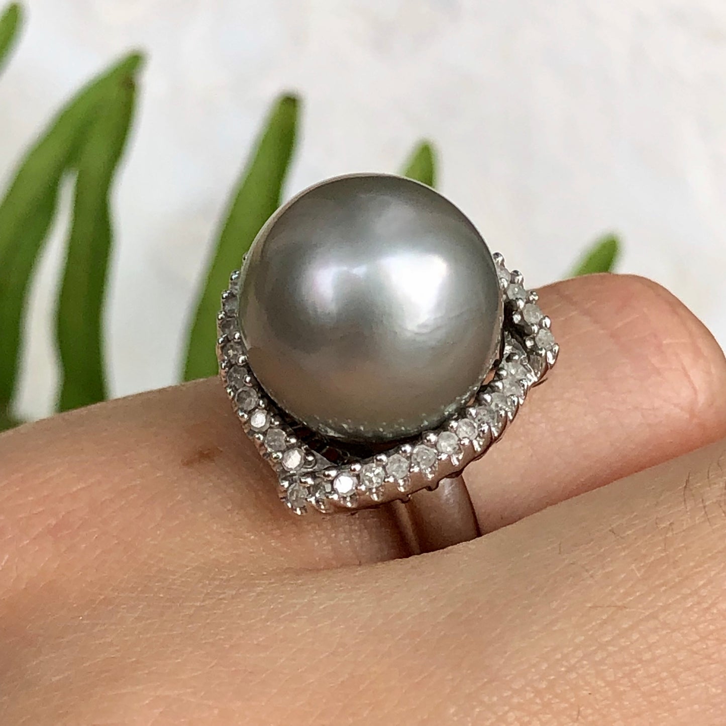 Estate 14KT White Gold Diamond + Gray Tahitian Pearl Cluster Ring Size 5, Estate 14KT White Gold Diamond + Gray Tahitian Pearl Cluster Ring Size 5 - Legacy Saint Jewelry