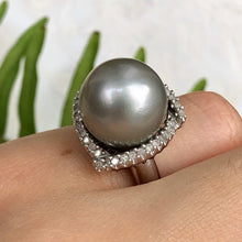 Load image into Gallery viewer, Estate 14KT White Gold Diamond + Gray Tahitian Pearl Cluster Ring Size 5, Estate 14KT White Gold Diamond + Gray Tahitian Pearl Cluster Ring Size 5 - Legacy Saint Jewelry