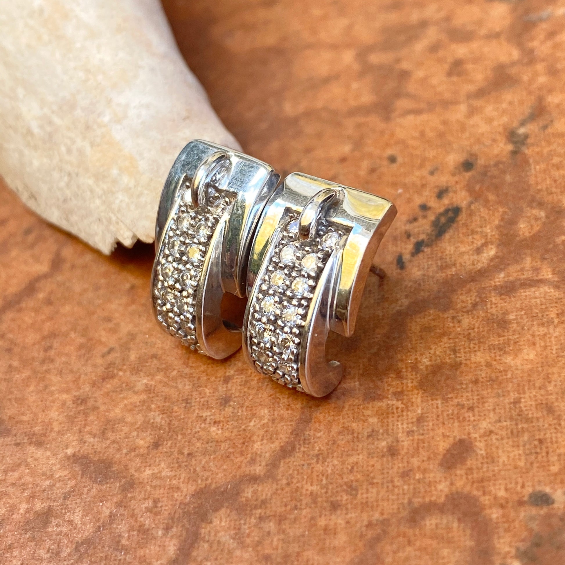 Estate 14KT White Gold 1/3 CT Pave Diamond Half-Hoop Belt Buckle Domed Earrings - Legacy Saint Jewelry