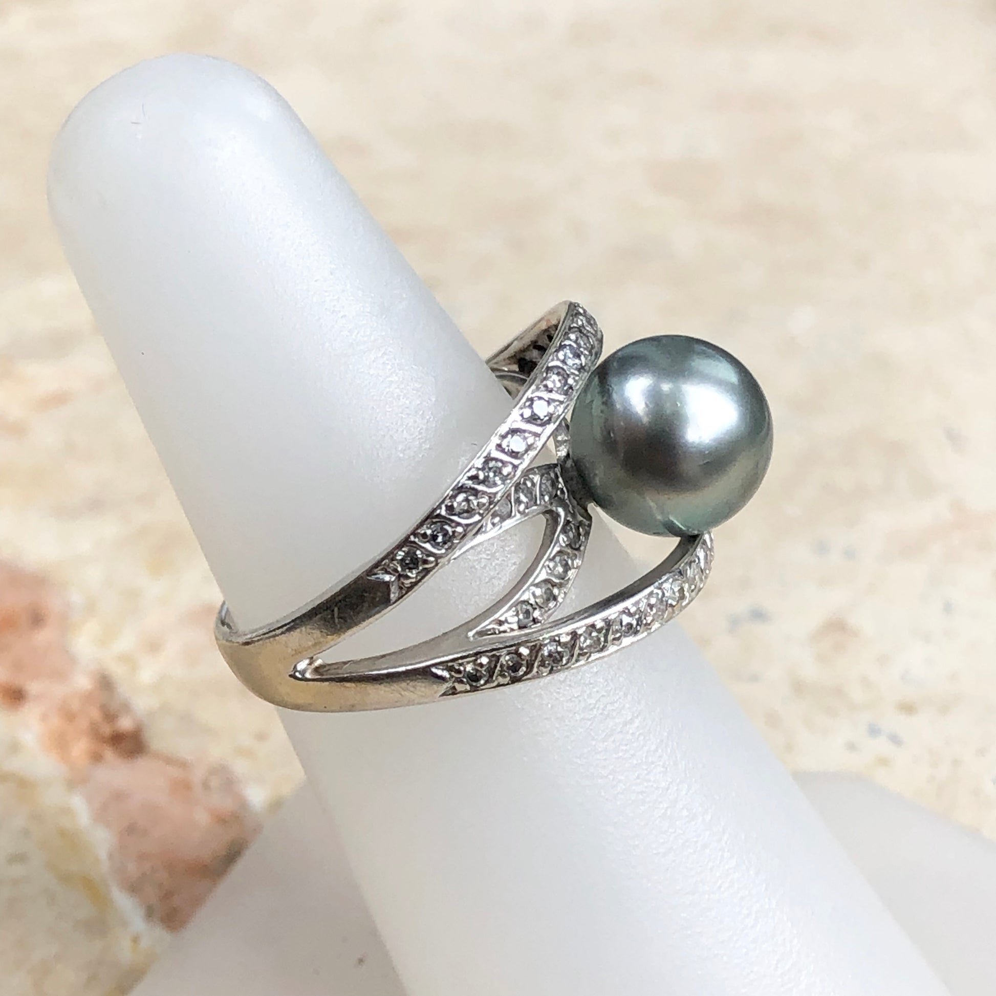Estate 14KT White Gold Pave Diamond + Tahitian South Sea Pearl Ring Size 7 - Legacy Saint Jewelry