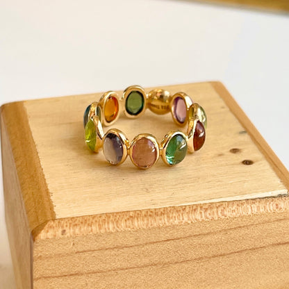 18KT Yellow Gold Bezel Oval Multi-Gemstone Eternity Band Ring