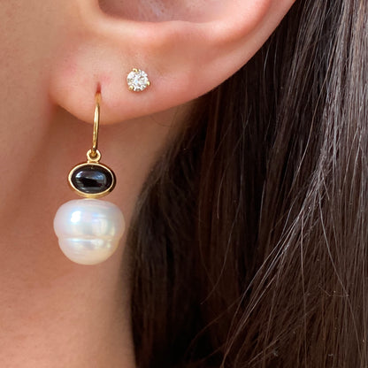 14KT Yellow Gold Black Onyx + 11mm Paspaley South Sea Pearl Shepherd Hook Earrings