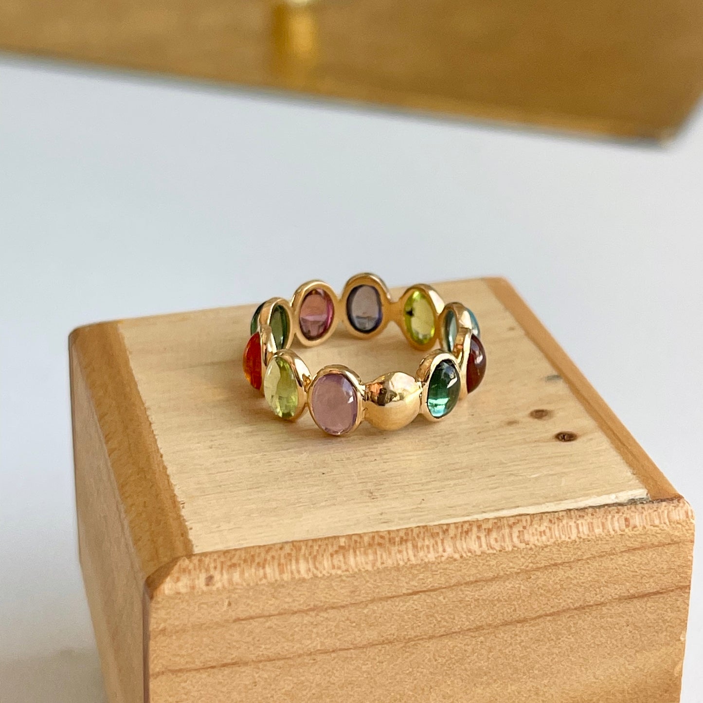 18KT Yellow Gold Bezel Oval Multi-Gemstone Eternity Band Ring