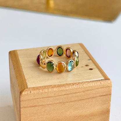 18KT Yellow Gold Bezel Oval Multi-Gemstone Eternity Band Ring