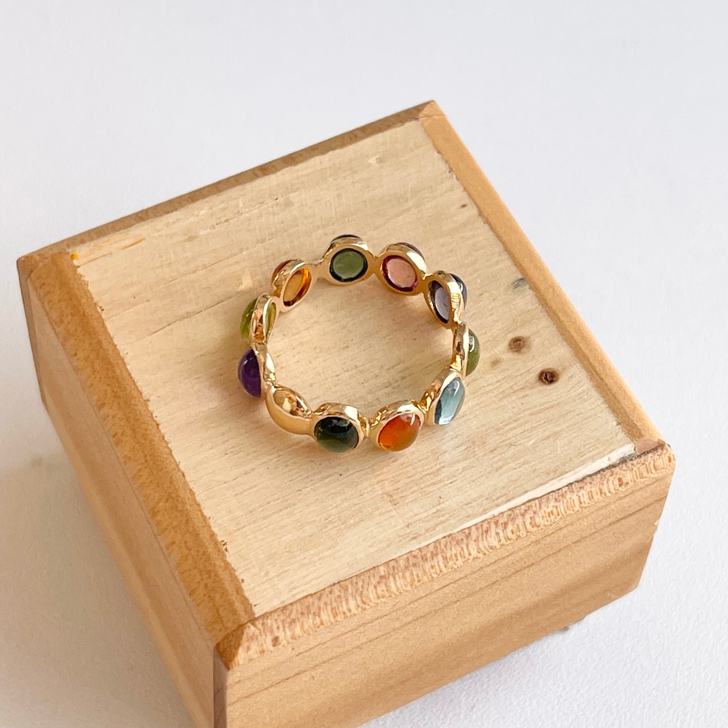 18KT Yellow Gold Bezel Oval Multi-Gemstone Eternity Band Ring