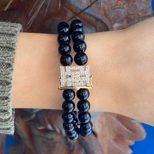 Estate 14KT Yellow Gold Black Onyx + .08 CT Pave Diamond Double Row Beaded Bracelet - Legacy Saint Jewelry