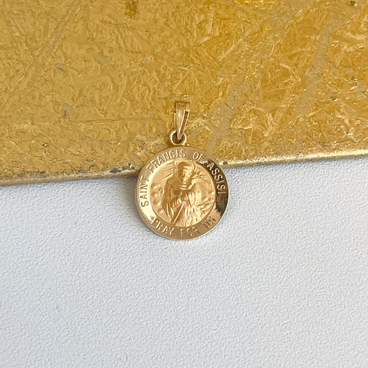 14KT Yellow Gold Saint Francis of Assisi Round Medal Pendant 15mm