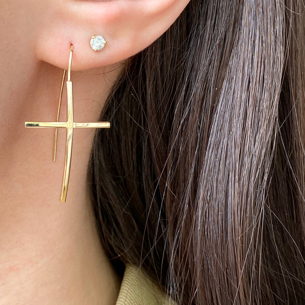 14KT Yellow Gold Curved Cross Ear Wire Dangle Earrings, 14KT Yellow Gold Curved Cross Ear Wire Dangle Earrings - Legacy Saint Jewelry