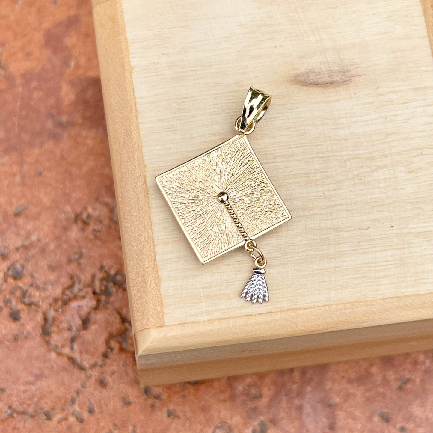 14KT Yellow Gold + White Gold Graduation Cap + Moveable Tassel Pendant