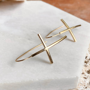 14KT Yellow Gold Curved Cross Ear Wire Dangle Earrings, 14KT Yellow Gold Curved Cross Ear Wire Dangle Earrings - Legacy Saint Jewelry