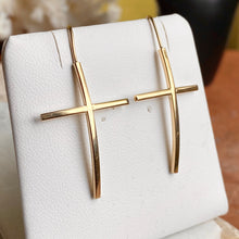 Load image into Gallery viewer, 14KT Yellow Gold Curved Cross Ear Wire Dangle Earrings, 14KT Yellow Gold Curved Cross Ear Wire Dangle Earrings - Legacy Saint Jewelry