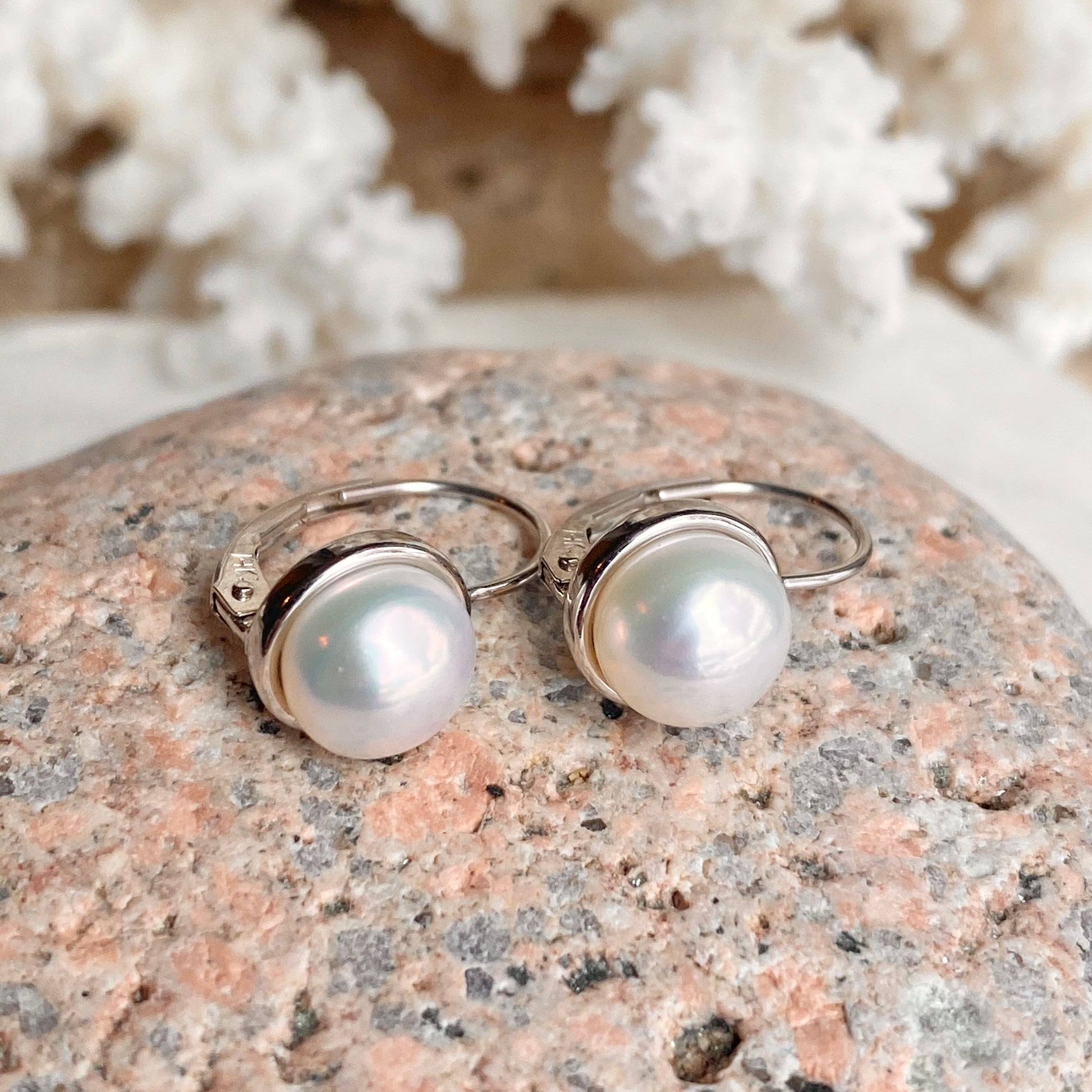 14KT White Gold Freshwater White Pearl Euro Wire Drop Earrings - Legacy Saint Jewelry