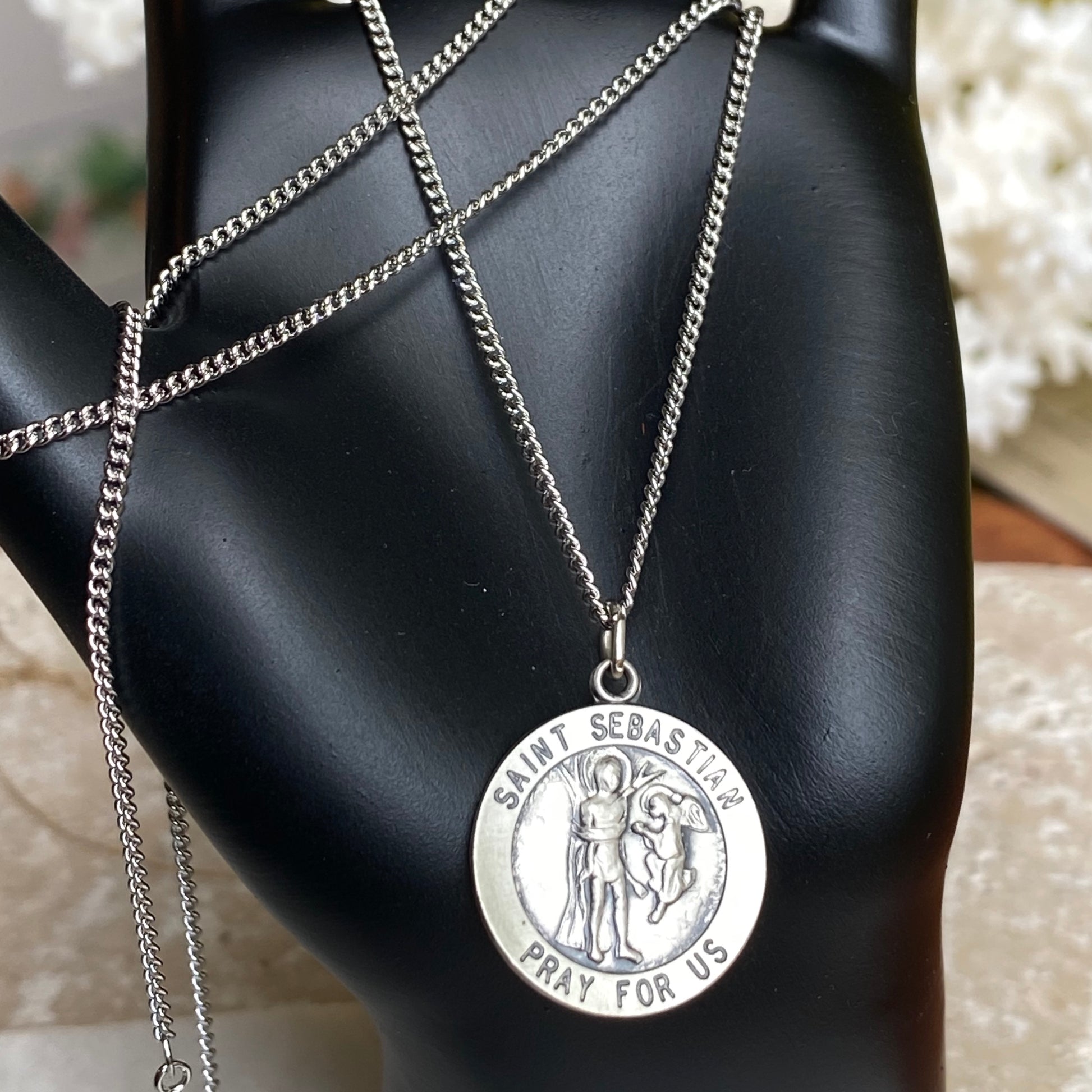 Sterling Silver Antiqued Saint Sebastian Round Medal Pendant Chain Necklace 18", Sterling Silver Antiqued Saint Sebastian Round Medal Pendant Chain Necklace 18" - Legacy Saint Jewelry