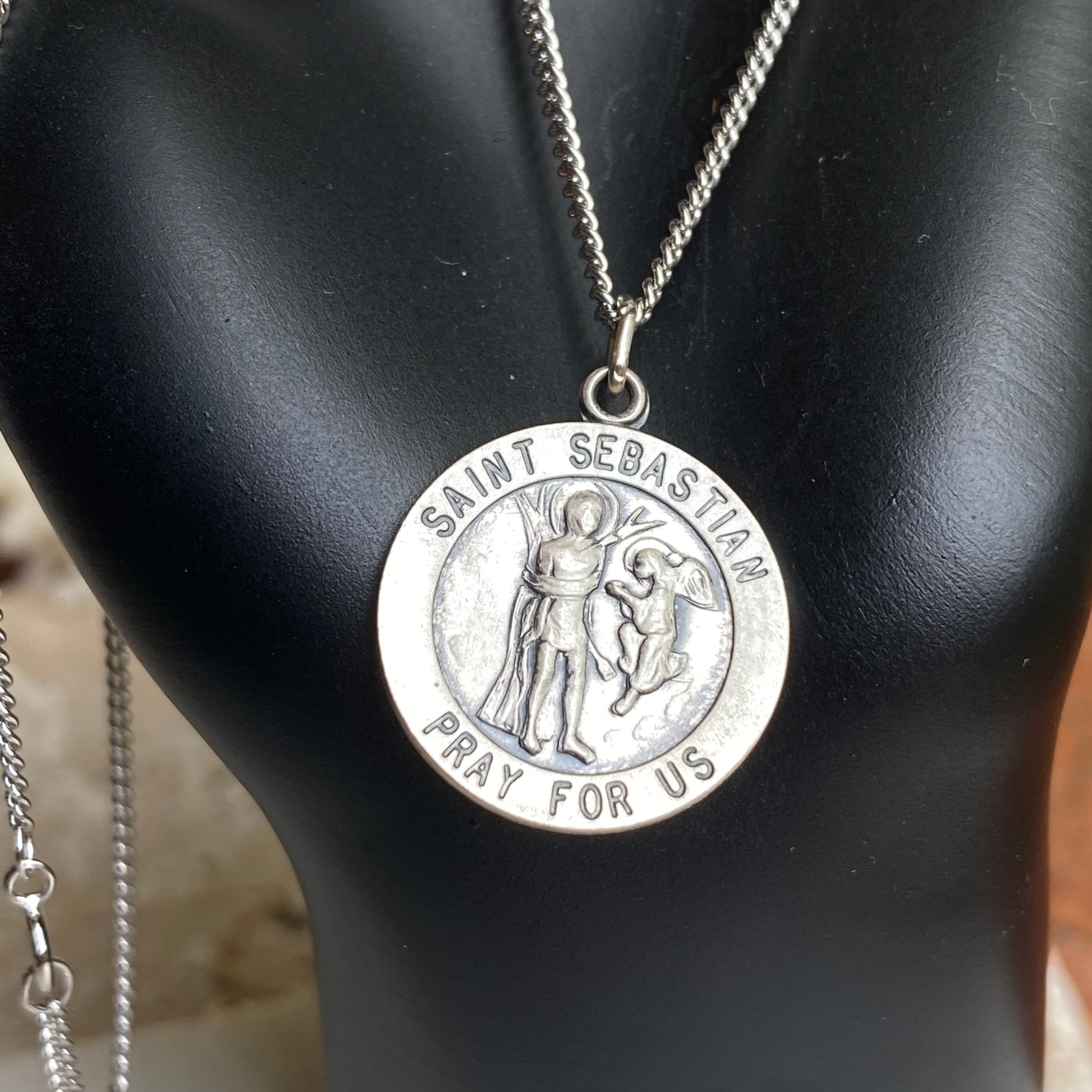 Sterling Silver Antiqued Saint Sebastian Round Medal Pendant Chain Necklace 18", Sterling Silver Antiqued Saint Sebastian Round Medal Pendant Chain Necklace 18" - Legacy Saint Jewelry