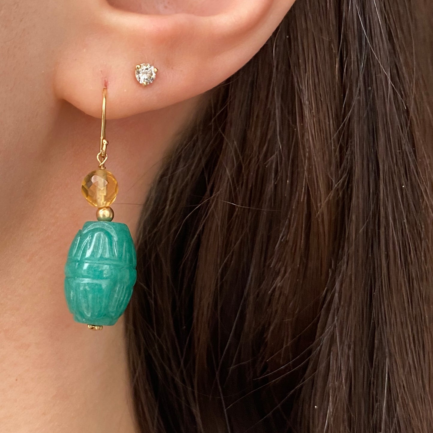 14KT Yellow Gold Carved Green Jade Scarab Drop Earrings