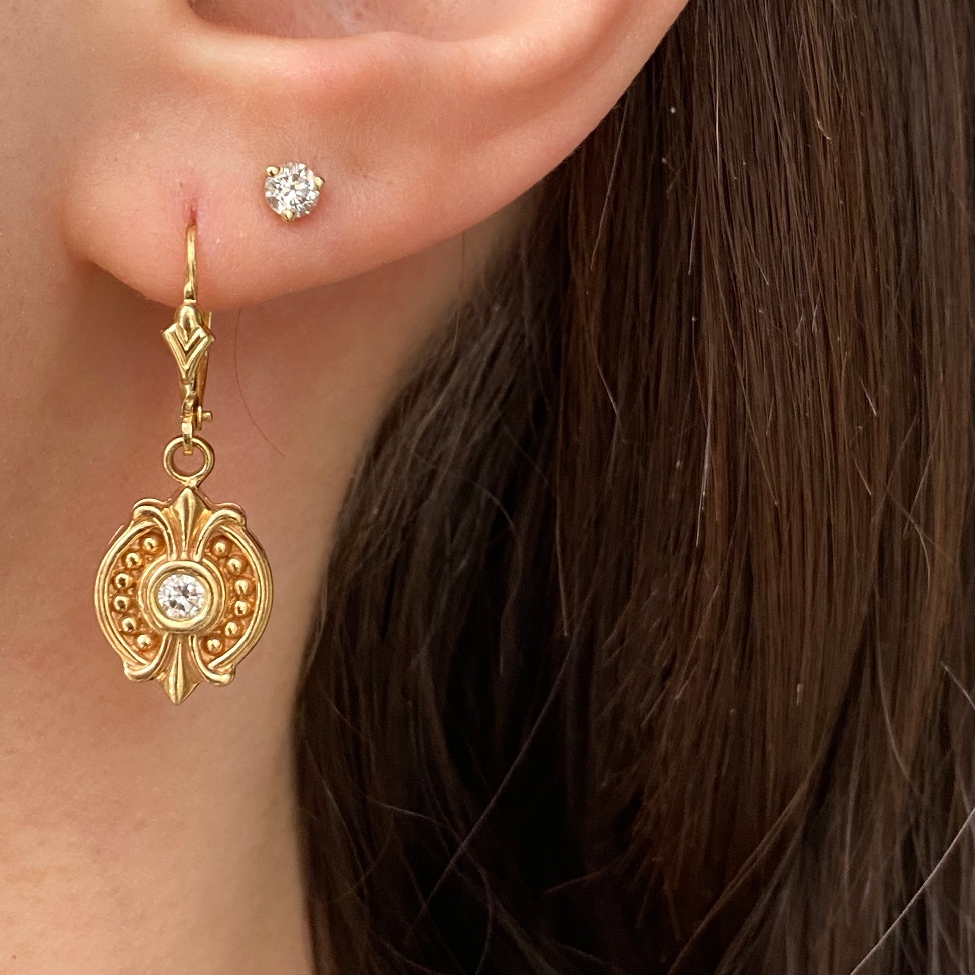 Estate 14KT Yellow Gold .30 CT Bezel Set Diamond Lever Back Earrings - Legacy Saint Jewelry