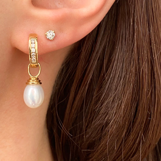 14KT Yellow Gold Channel Set Diamond + Pearl Charm Hoop Earrings - Legacy Saint Jewelry