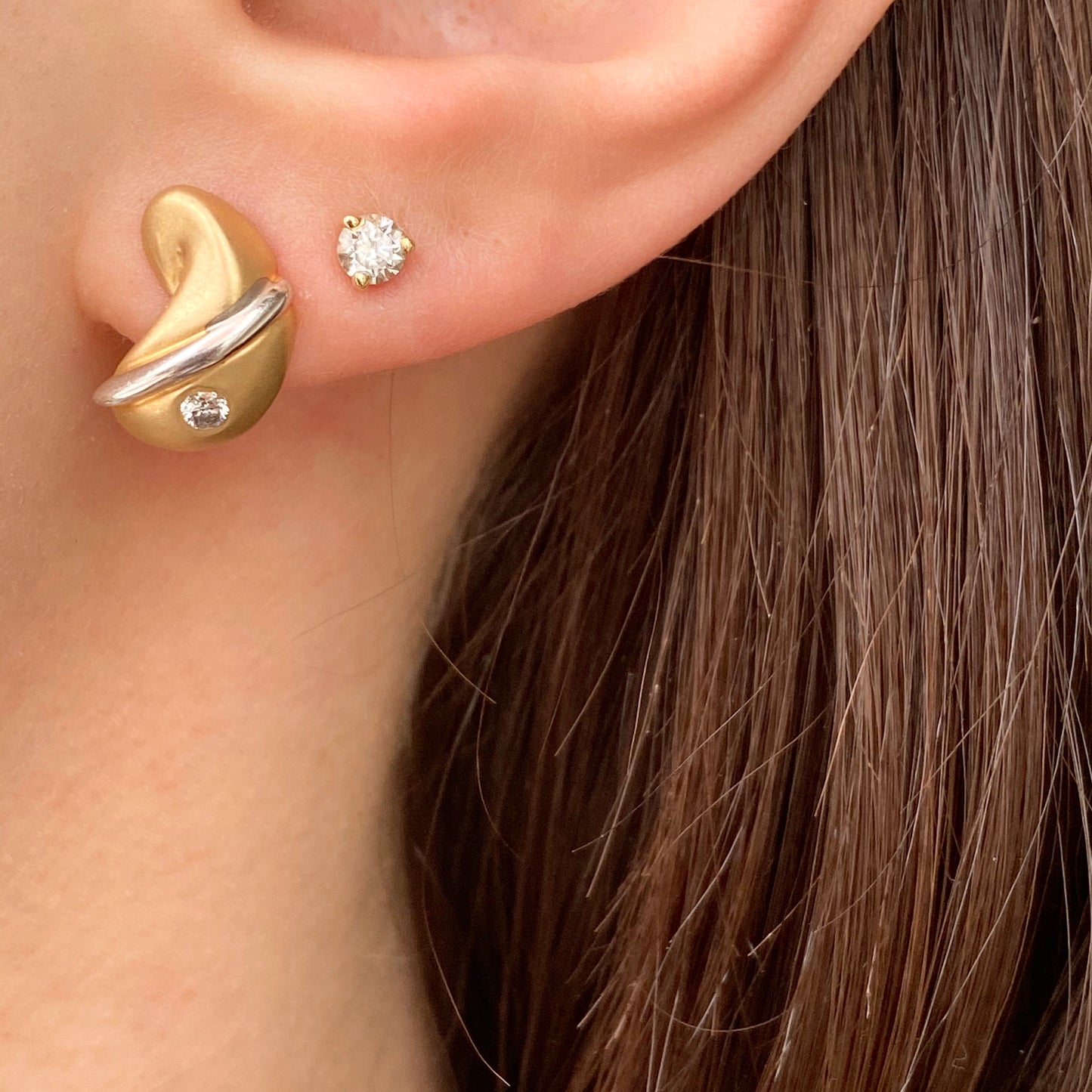 14KT White Gold + Yellow Gold Gyspy Set Diamond Post Earrings