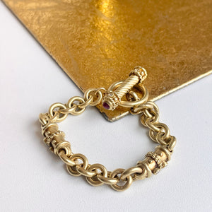 Estate 14KT Yellow Gold Byzantine Rolo Diamond + Ruby Toggle Bracelet