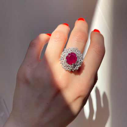 Estate 18KT White Gold Oval 4.83 CT Ruby + Pave Diamond Ring