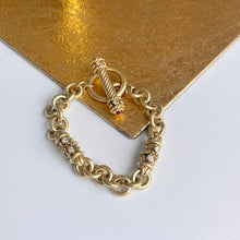 Load image into Gallery viewer, Estate 14KT Yellow Gold Byzantine Rolo Diamond + Ruby Toggle Bracelet