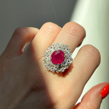 Estate 18KT White Gold Oval 4.83 CT Ruby + Pave Diamond Ring