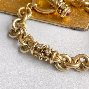 Estate 14KT Yellow Gold Byzantine Rolo Diamond + Ruby Toggle Bracelet