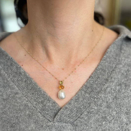 Estate 14KT Yellow Gold Peridot, Citrine, + Paspaley Pearl Pendant Slide - LSJ