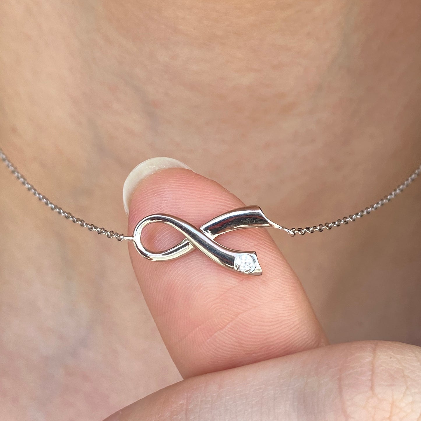 Sterling Silver CZ Horizontal Breast Cancer Awareness Ribbon Necklace
