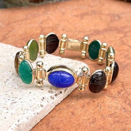 Estate 14KT Yellow Gold Oval Scarab Gemstone Link Bracelet