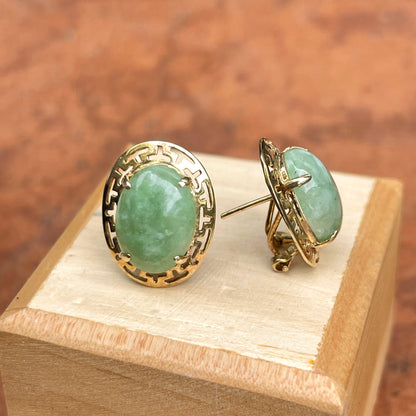 Estate 14KT Yellow Gold Greek Key Jade Omega Earrings