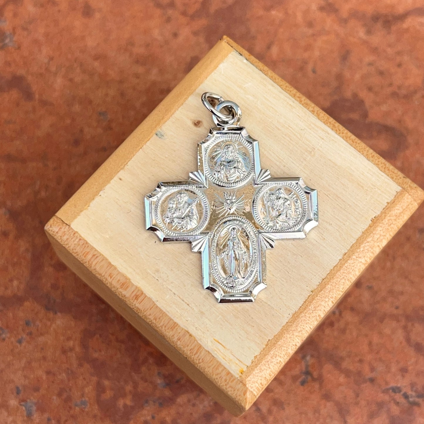 Sterling Silver Polished Four Way Catholic Cross Medal Pendant 30mm