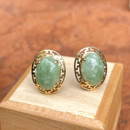 Estate 14KT Yellow Gold Greek Key Jade Omega Earrings