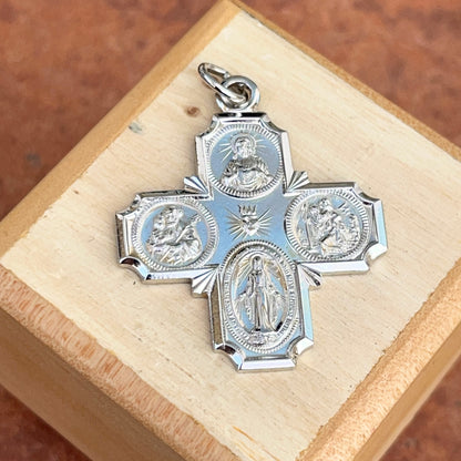 Sterling Silver Polished Four Way Catholic Cross Medal Pendant 30mm