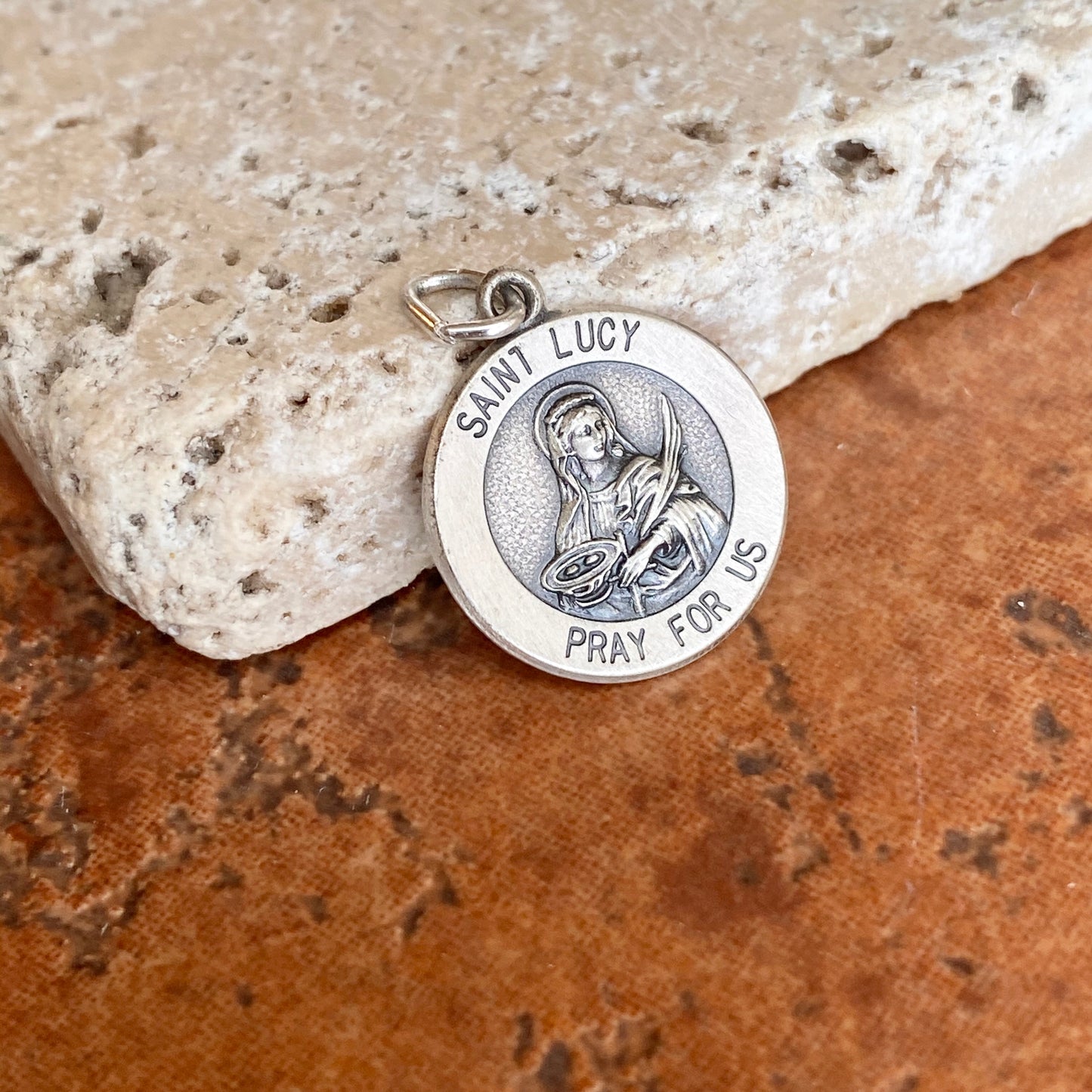 Sterling Silver Antiqued Saint Lucy Round Medal Pendant Charm 15mm