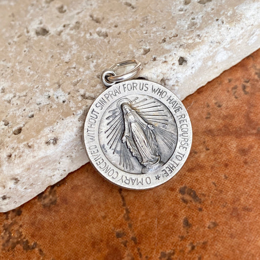 Sterling Silver Antiqued Miraculous Medal Round Pendant 24mm