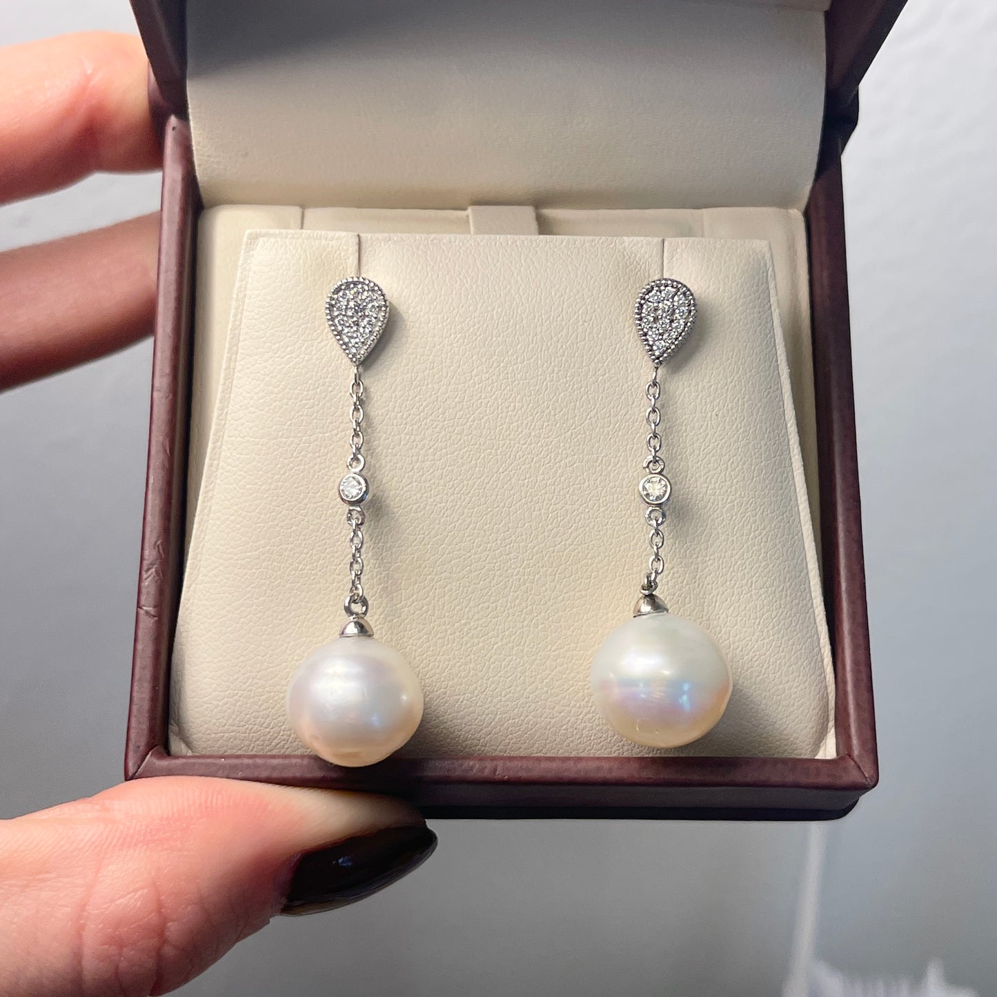 14KT White Gold Paspaley South Sea Pearl + Pave Diamond Dangle Earrings