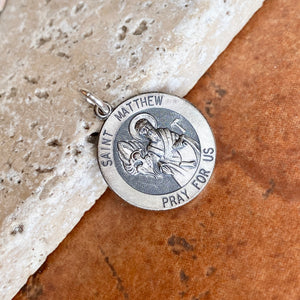 Sterling Silver Antiqued Saint Matthew Round Medal Pendant 20mm