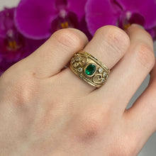 Load image into Gallery viewer, Estate 14KT Yellow Gold Byzantine Emerald + Diamond Cigar Band Ring