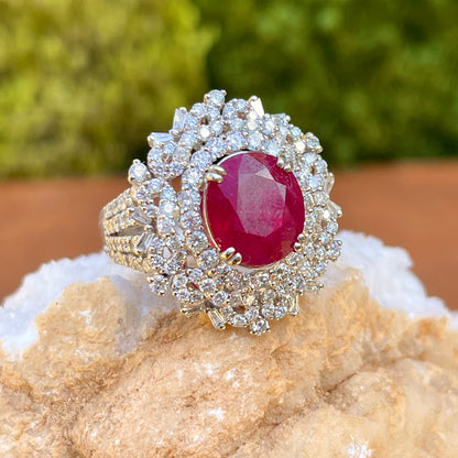 Estate 18KT White Gold Oval 4.83 CT Ruby + Pave Diamond Ring