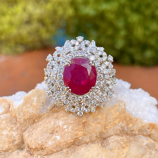 Estate 18KT White Gold Oval 4.83 CT Ruby + Pave Diamond Ring