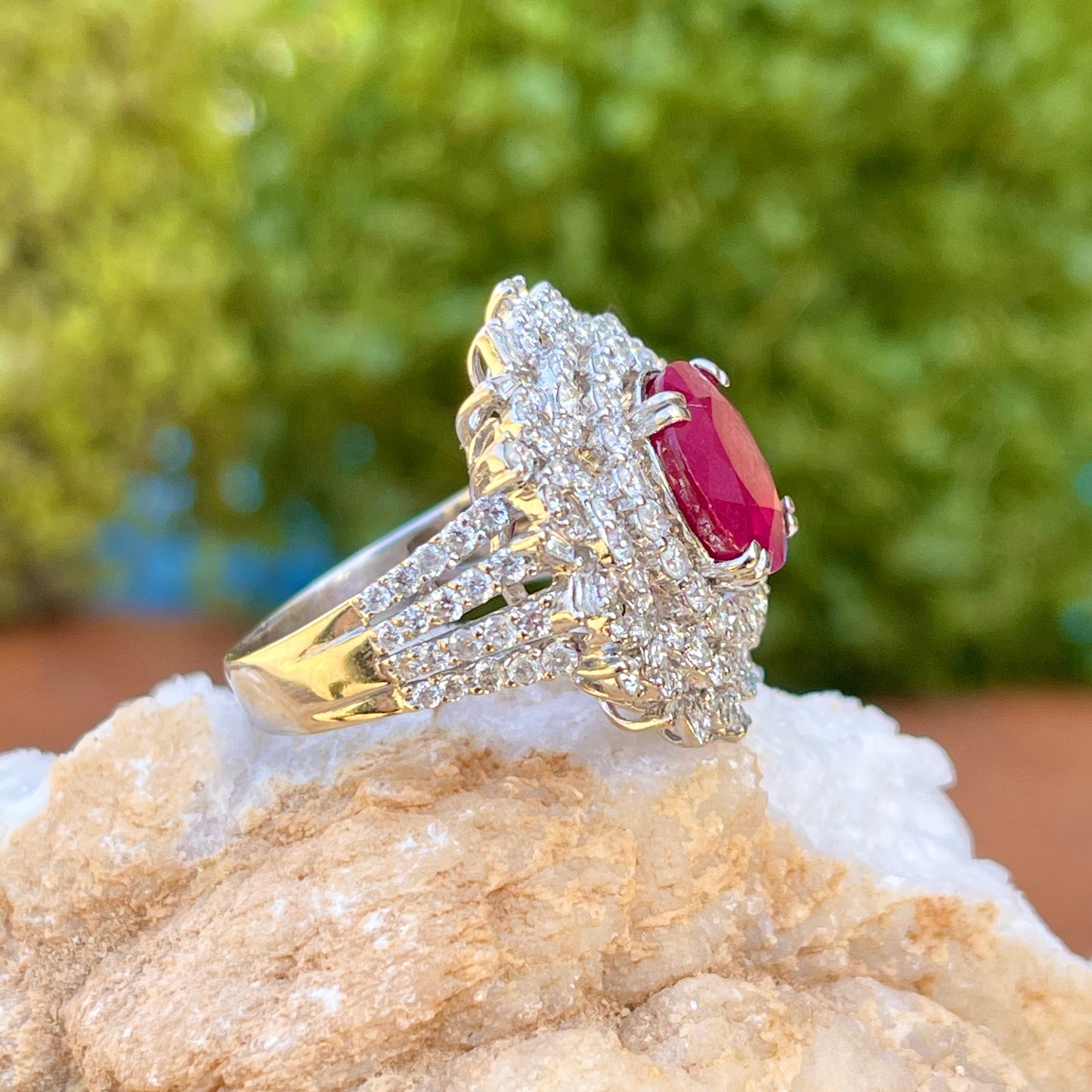 Estate 18KT White Gold Oval 4.83 CT Ruby + Pave Diamond Ring