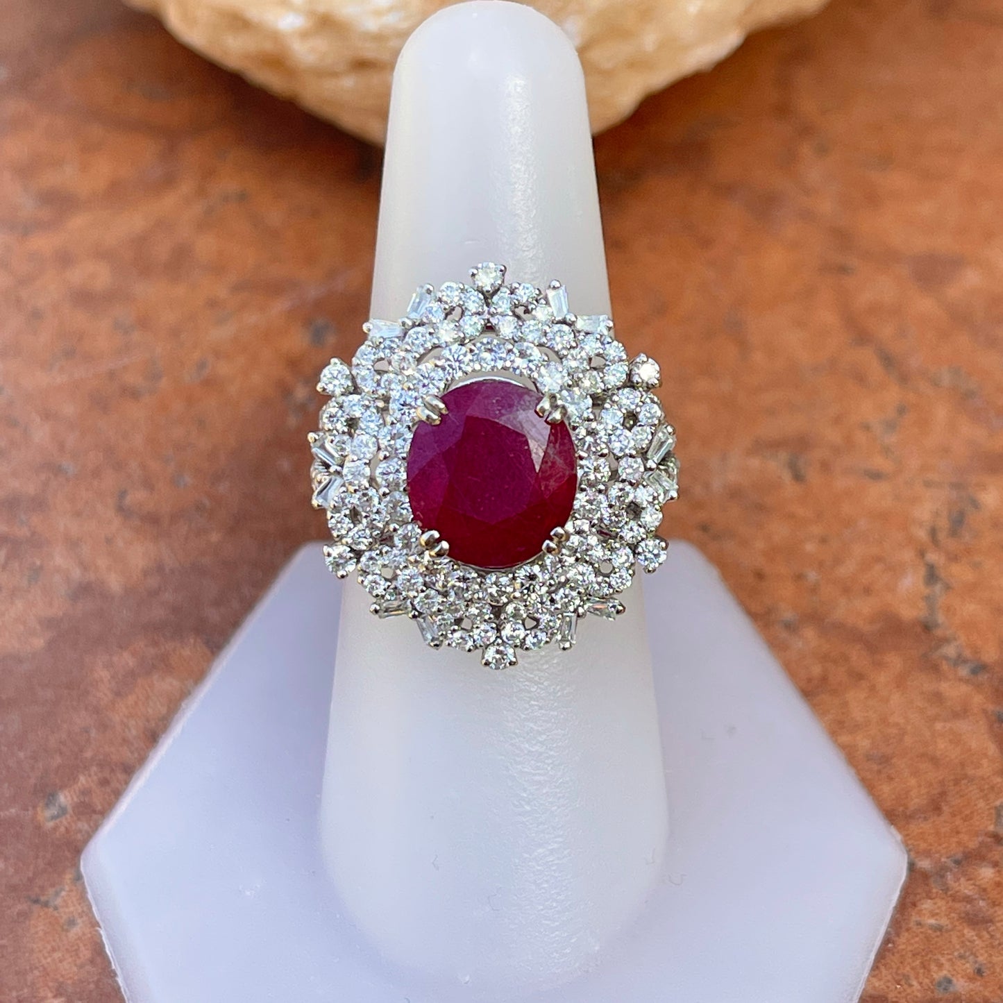 Estate 18KT White Gold Oval 4.83 CT Ruby + Pave Diamond Ring