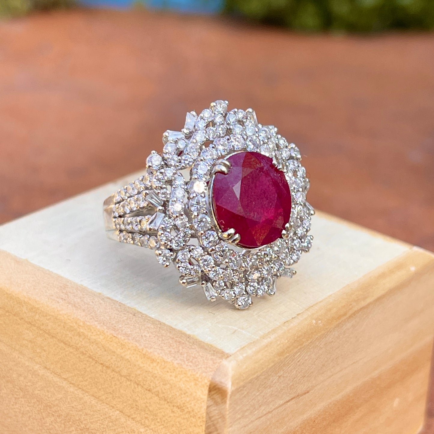 Estate 18KT White Gold Oval 4.83 CT Ruby + Pave Diamond Ring