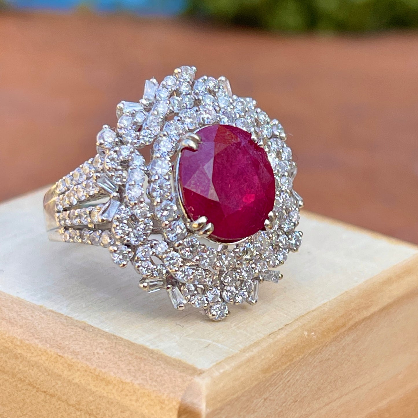 Estate 18KT White Gold Oval 4.83 CT Ruby + Pave Diamond Ring