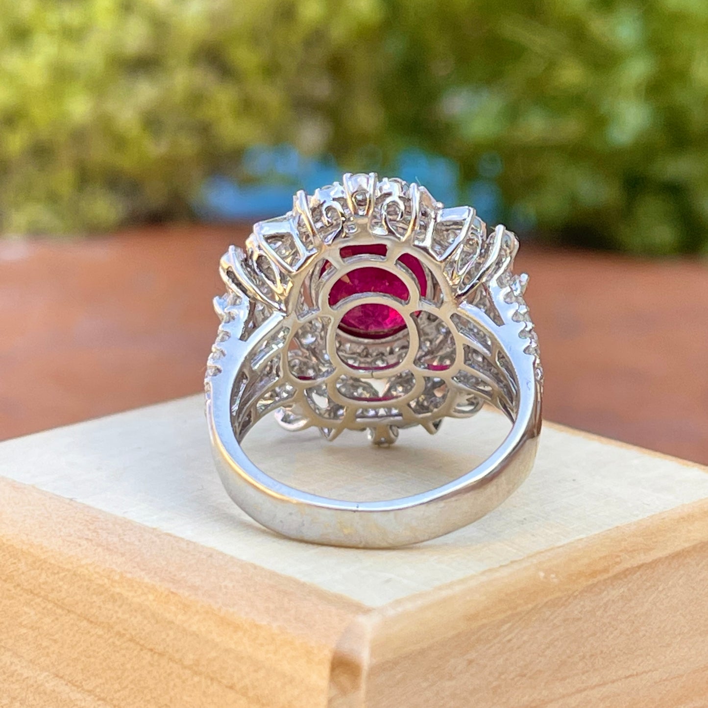 Estate 18KT White Gold Oval 4.83 CT Ruby + Pave Diamond Ring