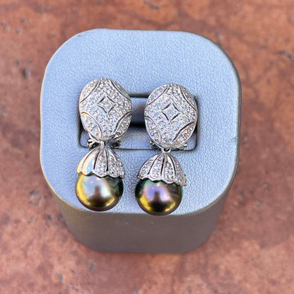 Estate 18KT White Gold Pave Diamond Filigree Omega Back Tahitian Pearl Earrings