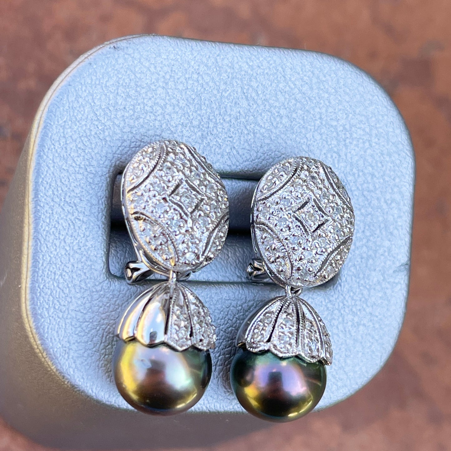 Estate 18KT White Gold Pave Diamond Filigree Omega Back Tahitian Pearl Earrings