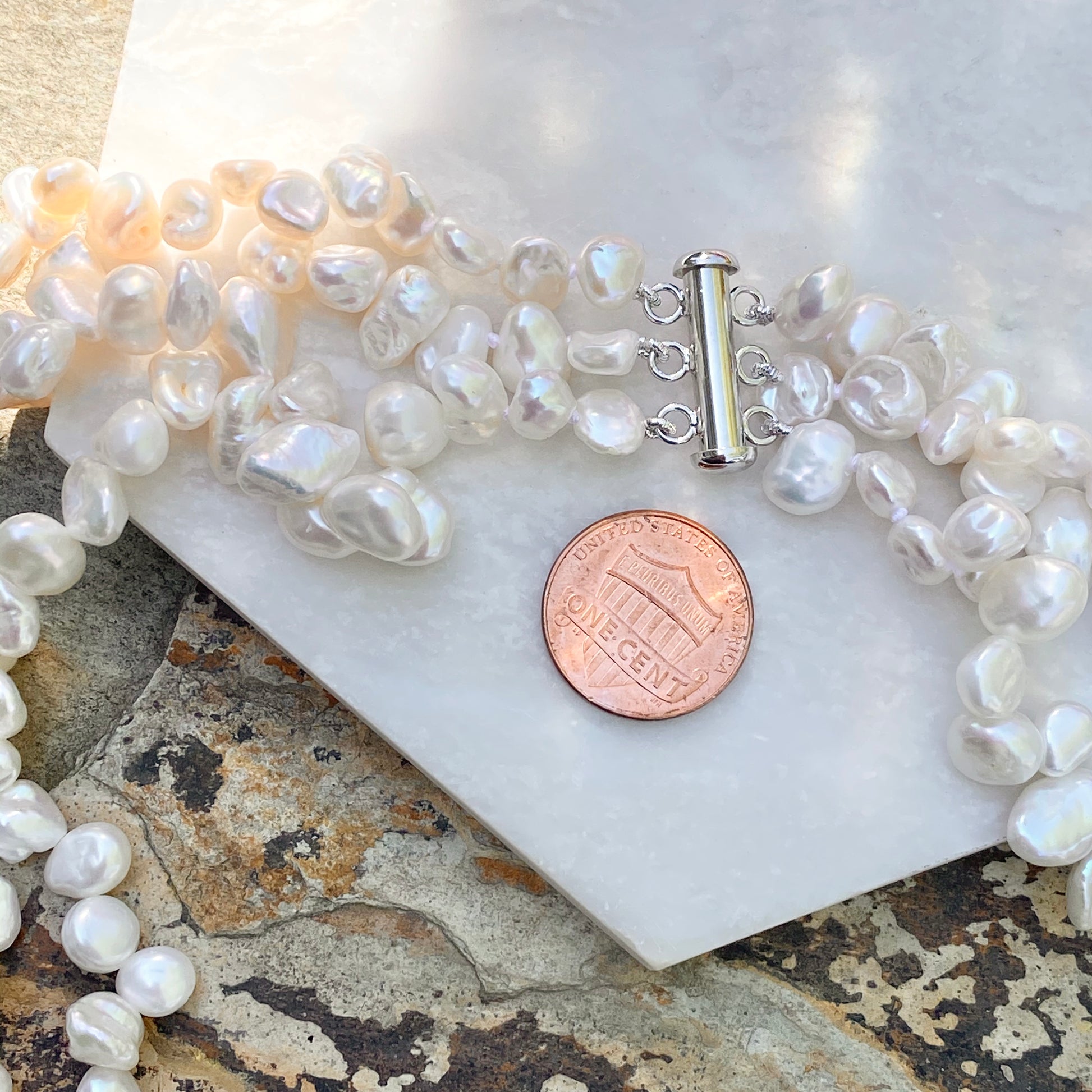 Sterling Silver Triple-Strand Freshwater White Keshi Pearl Necklace – LSJ