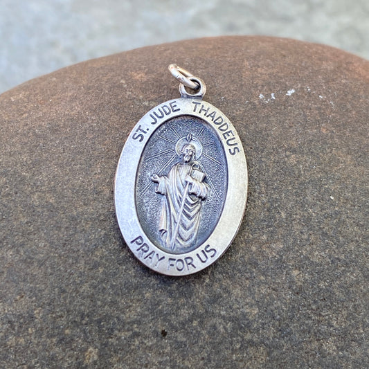 Sterling Silver Antiqued Saint Jude Oval Medal Pendant 25mm, Sterling Silver Antiqued Saint Jude Oval Medal Pendant 25mm - Legacy Saint Jewelry